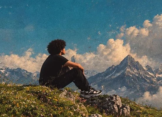 Illustration of David sitting on a grassy hillside, looking out over mountains and clouds.
